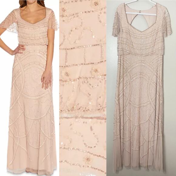 ADRIANNA PAPELL DRESS 16 MOTHER OF THE BRIDE FLORAL FORMAL LONG SEQUIN BEADED - Picture 1 of 16